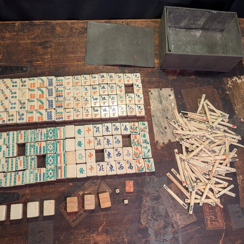 Antique Bone + Bamboo Mah Jongg set: 143 tiles, 108 sticks, seal stamp, dice